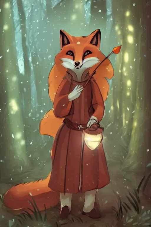 Image similar to a pretty medieval anthropomorphic fox with a fluffy tail in the forest, comic art, trending on furaffinity, cartoon, kawaii, backlighting, furry art!!!, radiant light, bokeh, trending on artstation, digital art