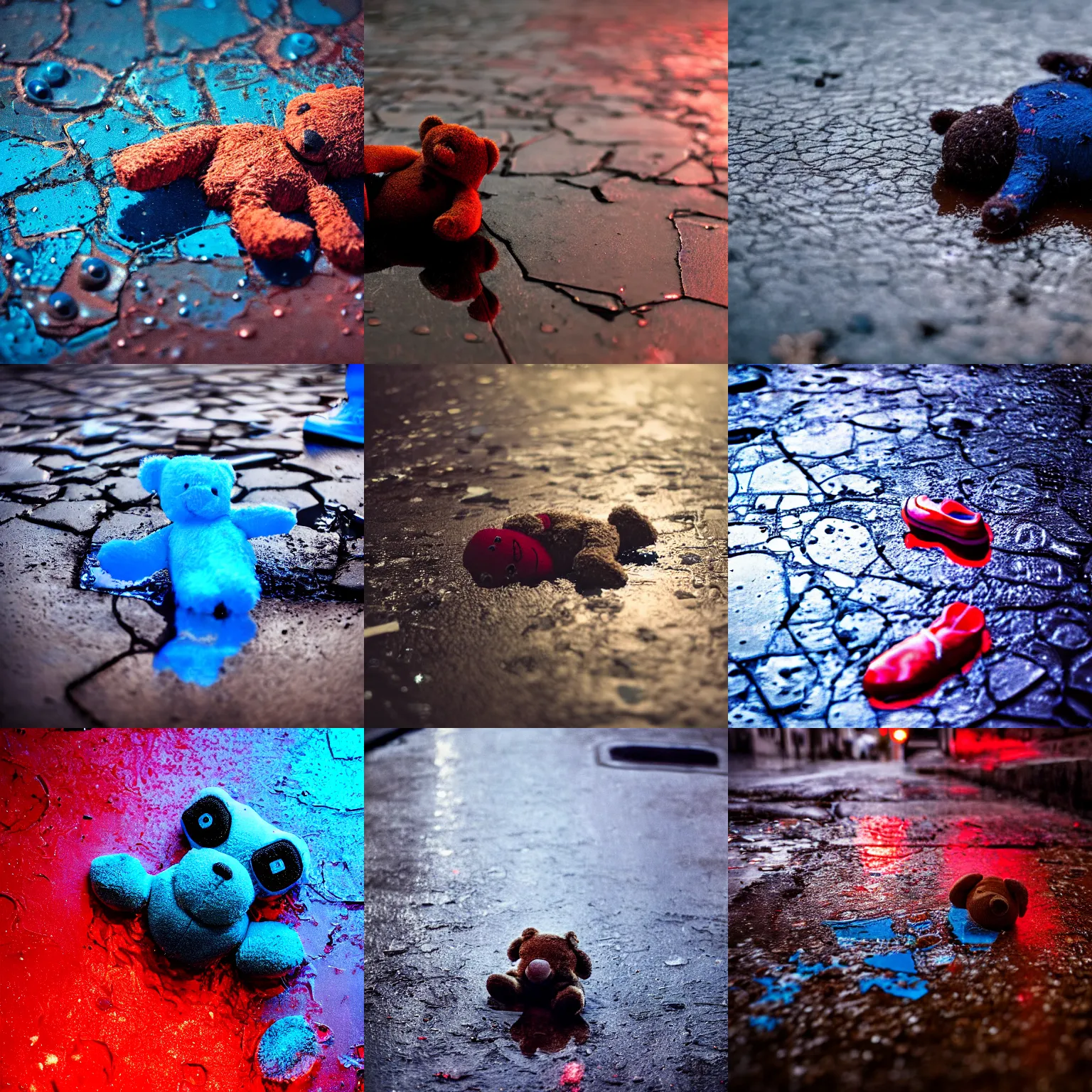 Prompt: close up photo of a destroyed teddy bair lying in a puddle in a blue and red lit back street, cinematic, depth of field, blur, atmospheric, 8k, trending on artstation