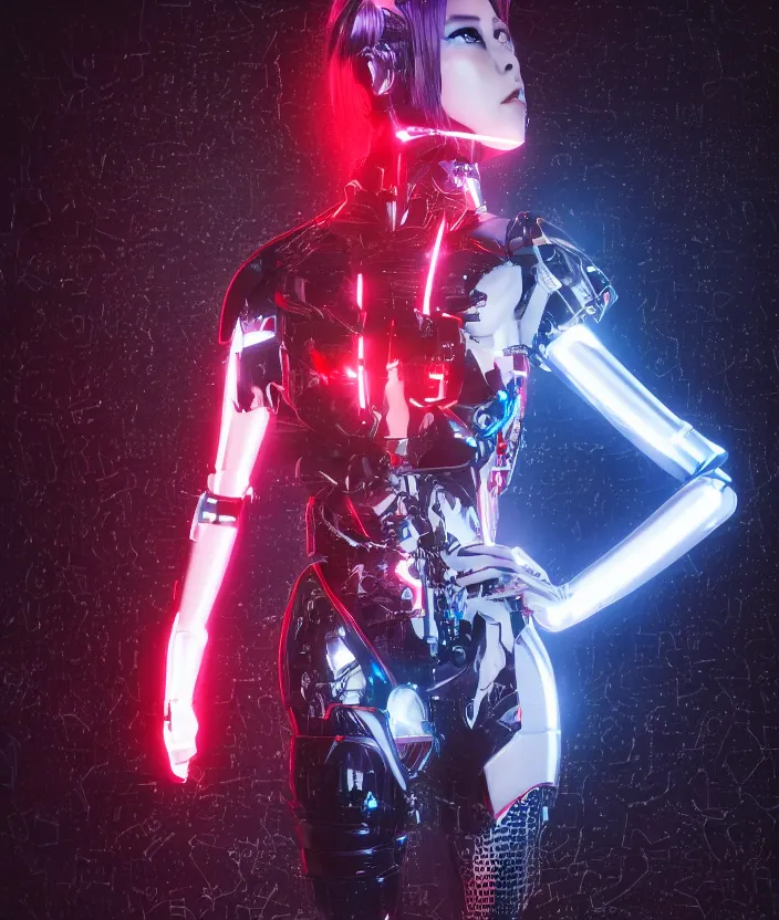 Image similar to full body portrait photo of japanese model cyborg with digital led skin, neon lighting, techno neon projector background, portrait photo, intricate details, ultra realistic, unreal engine 5, depth of field, bokeh, octane render, 8 k hd