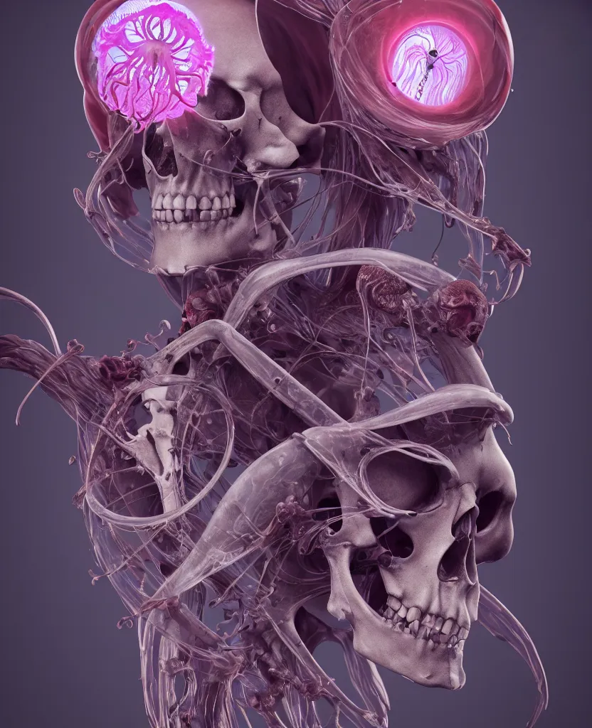 Image similar to absolute symmetry!! goddess close - up portrait human skeleton, ram skull, squid phoenix jellyfish, orchid, betta fish, bioluminiscent, intricate artwork by tooth wu and wlop and beeple. octane render, trending on artstation, greg rutkowski very coherent symmetrical artwork. cinematic, hyper realism, high detail, octane render, 8 k