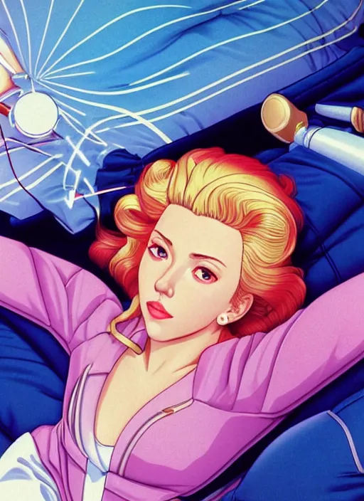 Prompt: perfectly centred realistic portrait of scarlett johansson as a sailor moon, lying on pillow, early morning, close - up shot, light falling on face, futuristic, highly detailed, 8 0 - s style poster, sharp focus, illustration, art by kawase hasui,