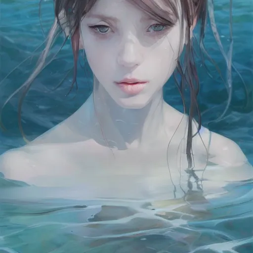 Prompt: painting by krenz cushart!!, portrait of a beautiful girl submerged in water, taken underwater, white silk dress, dark, drowning, finely detailed features, backlit, rule of thirds, intricate brush strokes, beautiful realistic lighting, trending on pixiv fanbox artstation.
