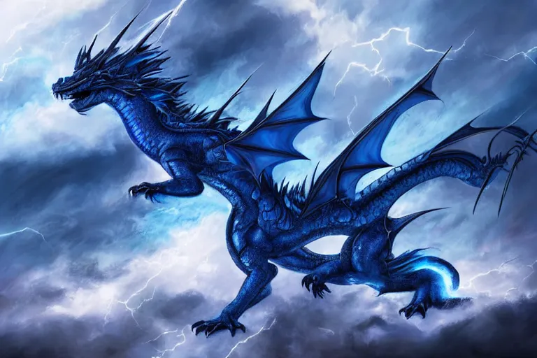 Image similar to majestic blue dragon surrounded by clouds and lightning, digital painting, mixed media, trending on artstation and deviantart, epic composition, centered, sharp focus, magnum opus, highly detailed, 8 k