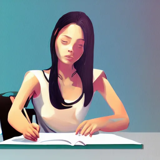 Image similar to hyperrealistic rendition of lo-fi girl sitting at a desk studying