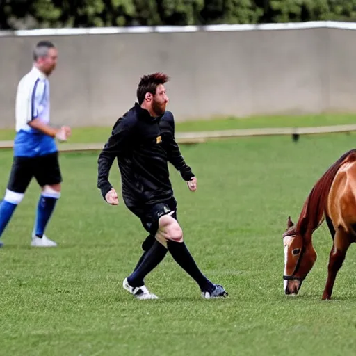 Prompt: lionel messi playing football with a horse, 8 k