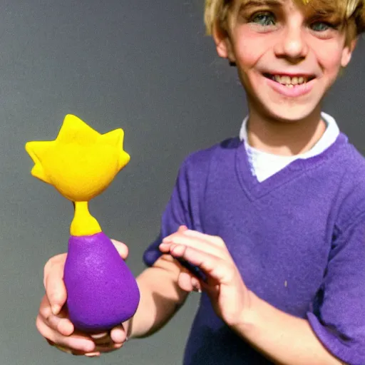 Prompt: the little prince of saint exupery smiling with a purple flower on his hand made of clay