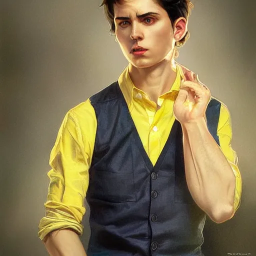 Image similar to ultra realistic illustration, a young man with black hair, in a checkered yellow shirt, with blue eyes, highly detailed, digital painting, artstation, concept art, smooth, sharp focus, illustration, art by artgerm and greg rutkowski and alphonse mucha