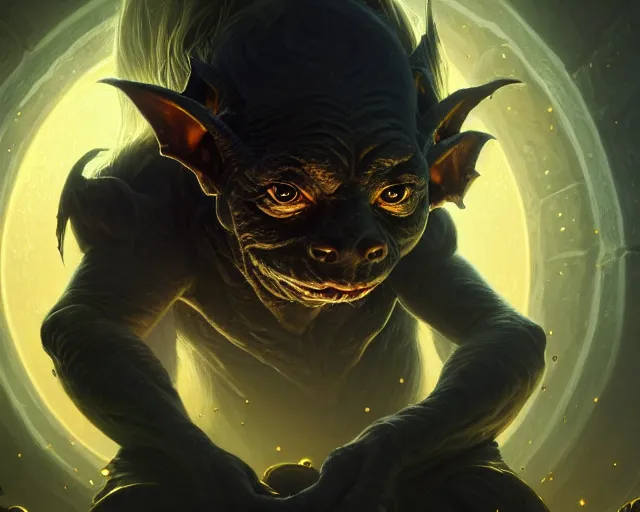 Image similar to a 4 k cinematic screenshot still portrait of a goblin in a dark liminal space room surrounded by gold, deep focus, d & d, fantasy, intricate, elegant, highly detailed, digital painting, art station, concept art, matte, sharp focus, illustration, dark fantasy style art, hearthstone, art by artgerm and greg rutkowski and alphonse mucha