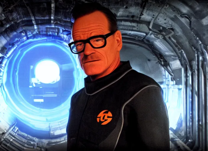 Image similar to film still of Brian Cranston as Gordan Freeman in an underground lab facility wearing a black HEV suit with an orange lambda logo in front with a glowing blue portal in the background in the Half Life Movie, 4k