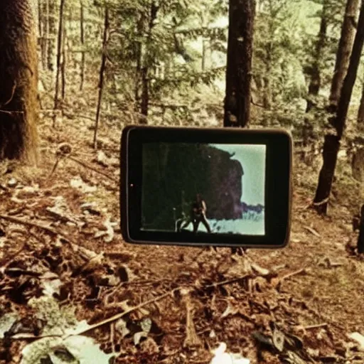 Image similar to A screen capture of found footage video left behind by a missing hiker in 1986