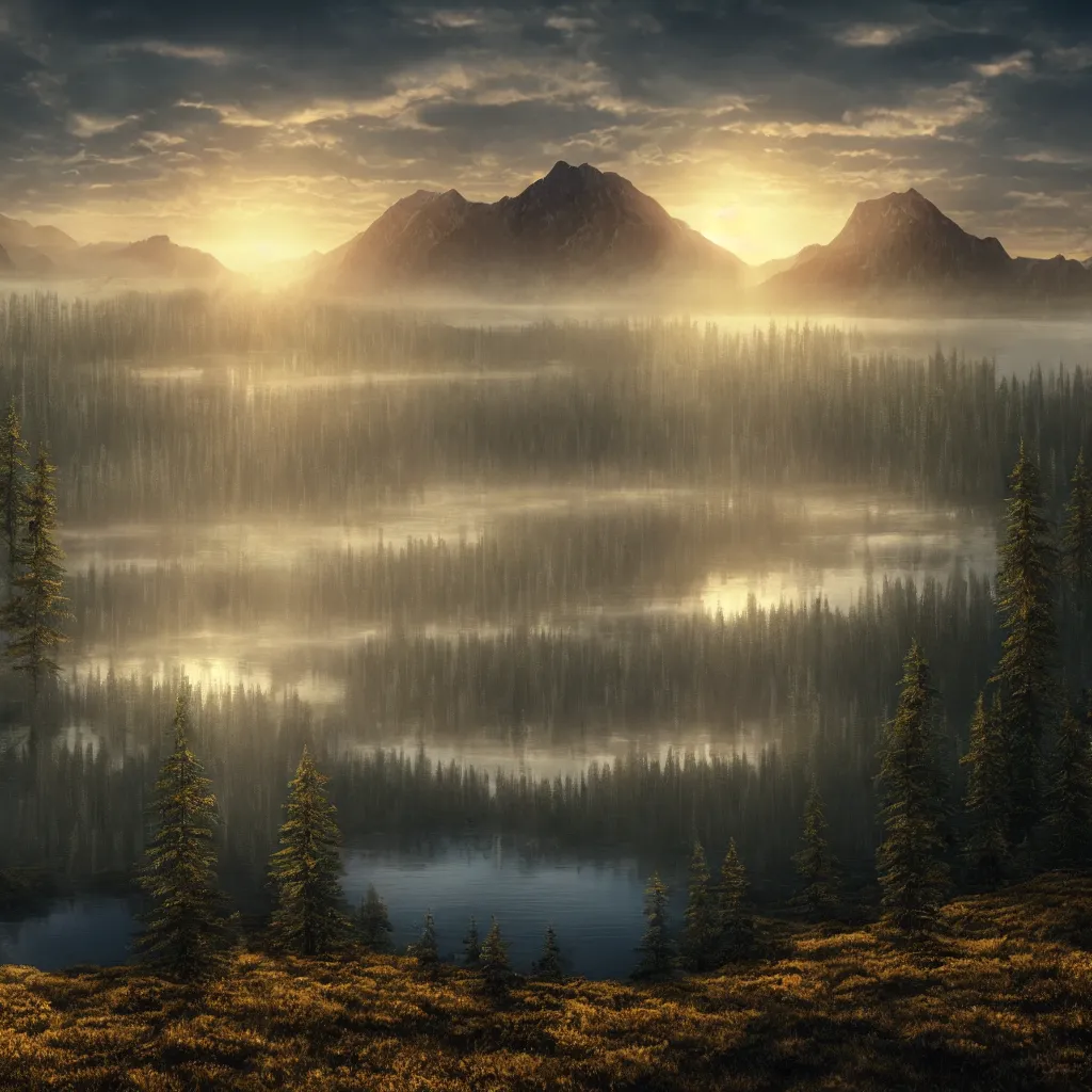 Prompt: epic taiga with a lake, golden hour, misty ground, rocky ground, distant mountains, atmospheric perspective, altostratus clouds, planets, cinematic, 3 5 mm lens, anamorphic lens flare, photographic, octane render, cinematography by roger deakins, in the style of ansel adams