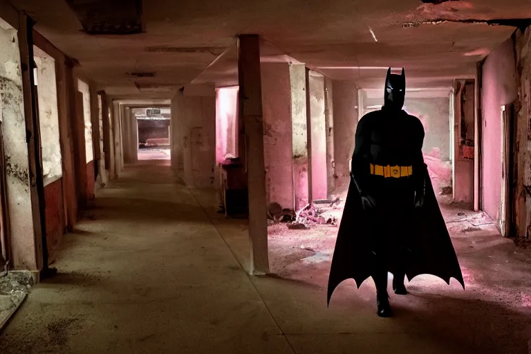 Image similar to batman wearing pink apron wielding an axe, chasing through old brown decrepit hallway, creepy smile, atmospheric eerie lighting, dim lighting, bodycam footage, photograph