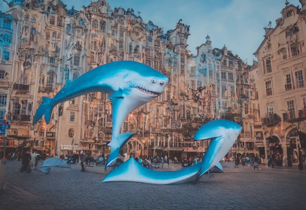 Prompt: 3 d 🦈 popping out of curved screen, town square, volumetric lighting, shot on 7 0 mm, instax