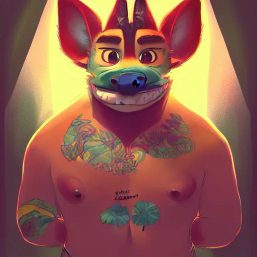 Image similar to in the style of artgerm, loish and ross tran, anthropomorphic alligator, symmetrical face, symmetrical eyes, red scales on his back, yellow scale on his belly and chest, male, waring a hawaiian shirt, in the style of zootopia