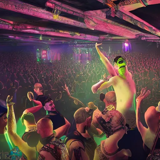 Image similar to a hyper detailed illustration of adolf hitler dancing at a rave, edm fans, neon lights, dance club rave, volumetric lighting, greg rutkowski and alphonse mucha, 8 k, octane render