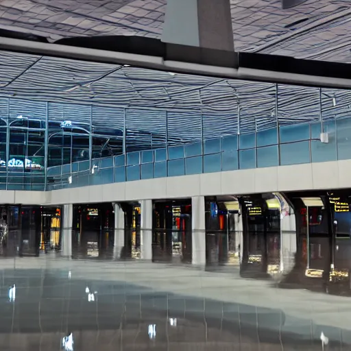 Image similar to photo of an airport interior, the floor is flooded with one meter deep water. eerie, volumetric lighting. highly - detailed 4 k