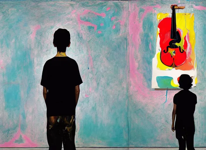 Image similar to girlboy standing with violin down painted by vincent lefevre and hernan bas and pat steir and hilma af klint, psychological, photorealistic, symmetrical face, dripping paint, washy brush, rendered in octane, altermodern, masterpiece