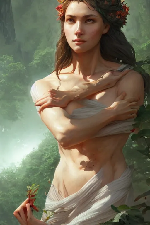 Prompt: goddess of nature, accurate anatomy, only two hands, highly detailed, digital painting, artstation, concept art, smooth, sharp focus, illustration, Unreal Engine 5, 8K, art by art by artgerm and greg rutkowski and edgar maxence