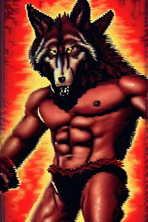 Image similar to extreme long shot. 8 bit nes graphics. 8 0's. vhs artefacts. antropomorphic muscular masculine wolf. kickboxer fighter, in shorts. wolf head. angry. fine details, very sharp, art from nes game cartridge, vaporwave style, marc simonetti and hermann nitsch and anish kapoor.