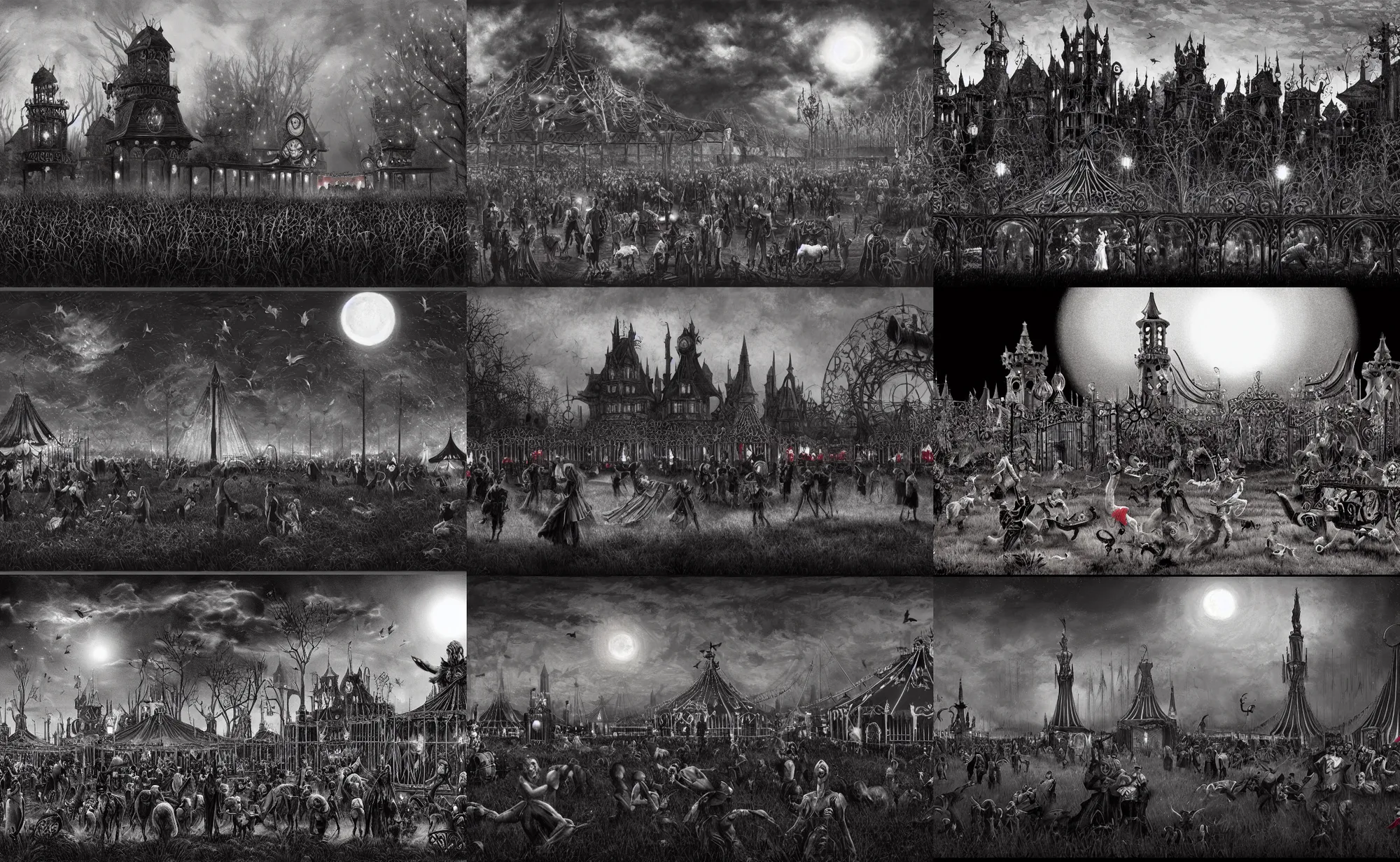 Prompt: a large magical circus in a field at night with large black and white with red accents surrounded by a gothic iron fence artwork by gerald brom, 4 k, masterpiece