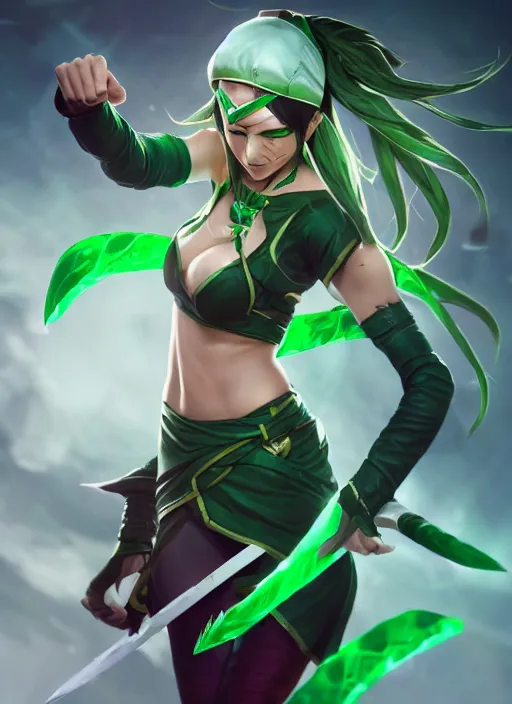 Image similar to dangerous akali, from league of legends, green daggers, nurse costume, hyper detailed, digital art, trending in artstation, cinematic lighting, studio quality, smooth render, unreal engine 5 rendered, octane rendered, art style by klimt and nixeu and ian sprigger and wlop and krenz cushart