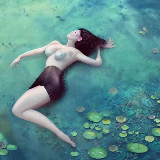 Image similar to A woman submerged underwater, you can see her face from an aerial view with lily pads surrounding her, artistic digital art, very opaque, gloomy style, oil paints and pastel highlights, trending on artstation, artstationHD, artstationHQ, 4k, 8k