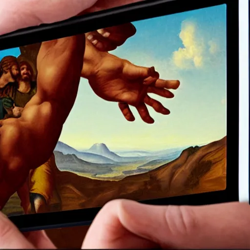 Image similar to the creation of adam fresco painting, holding a nintendo switch