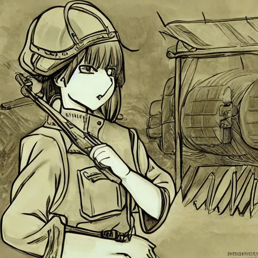 Image similar to manga style, clean simple line art, portrait of girl, under artillery fire, trench sandbags in background, professional composition, soldier clothing, short hair, hair down, symmetrical facial features, detailed drawing, top ranked manga, by kentaro miura