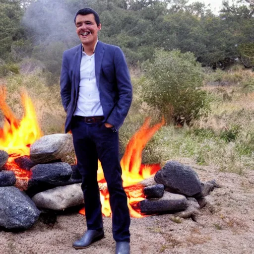 Image similar to photo of pedro sanchez very happy posing in front of a fire