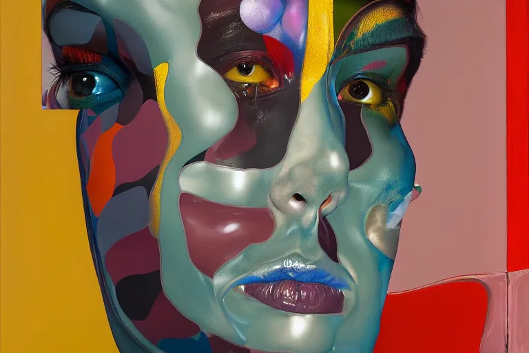 Image similar to portrait of a morphed harlequin sitting on a stool looking into a mirror doing makeup by james jean and luc tuymans and beeple and hernan bas and pat steir and hilma af klint, psychological, 3 d, dripping paint, high quality render, masterpiece