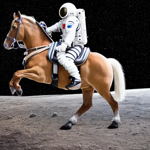 Prompt: photo of astronaut standing on all fours with a cute dappled horse which is sitting on his back in saddle