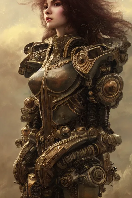 Prompt: ultra realist and ultra intricate detailed soft painting of a beautiful mechwarrior girl in steampunk armor, thin lustrous hair, symmetry features, sensual gloomy style, soft painting, volumetric clouds, fantasy background, artstation, Tom Bagshaw artstyle, unreal render