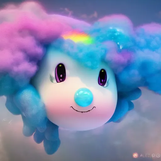 Image similar to cutest huge fantasy cloud animal, with sprouting rainbow hair, hd, japanese anime artist drawn, dlsr, dream animal cute eyes, trending on artstation, cotton candy, octane render, cinematic