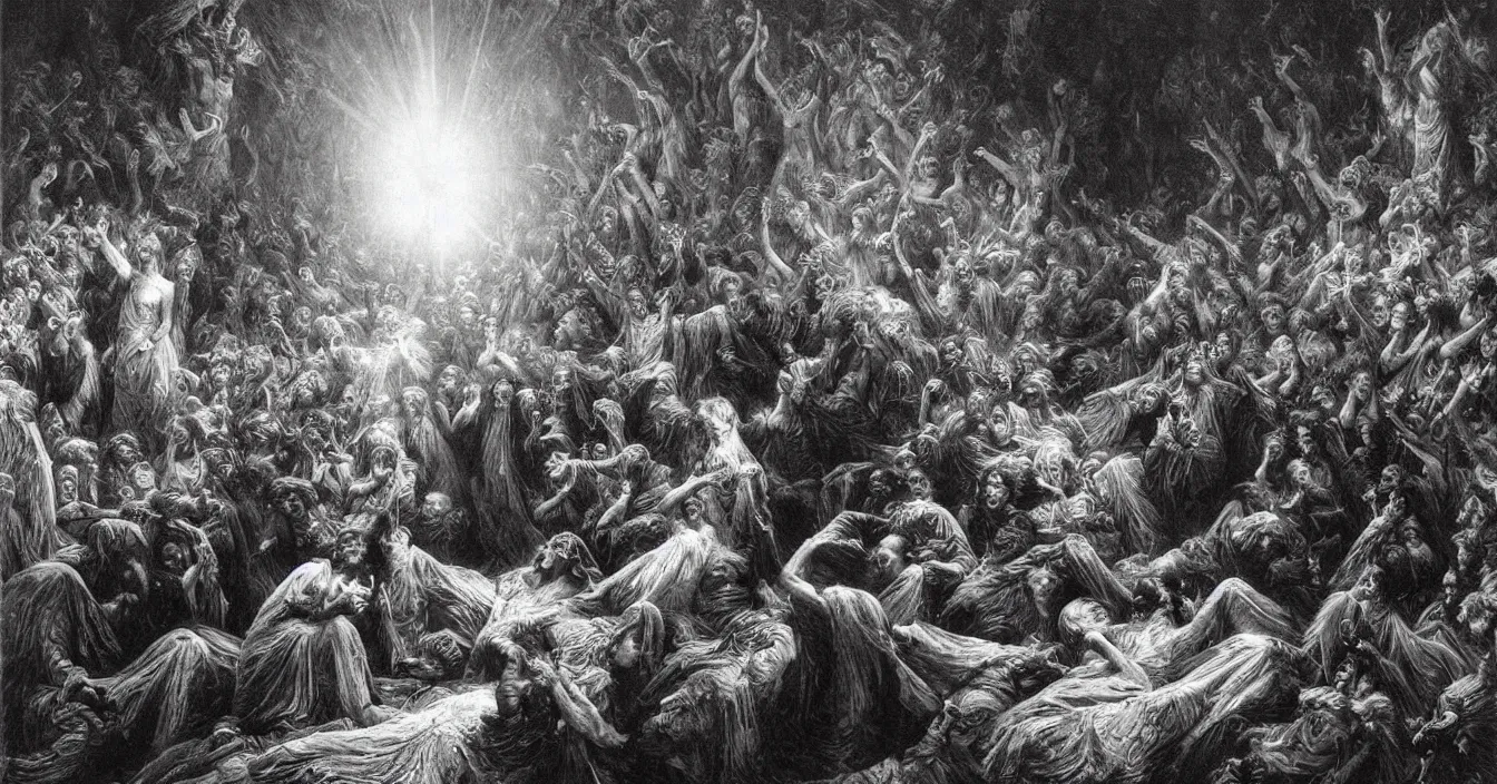 Image similar to human spirits sit in the cinema and watch very deeply the light of consciousness projecting their lives on the big wide screen, realistic image full of sense of spirituality, life meaning, meaining of physical reality, happy atmosphere, by Gustave Dore