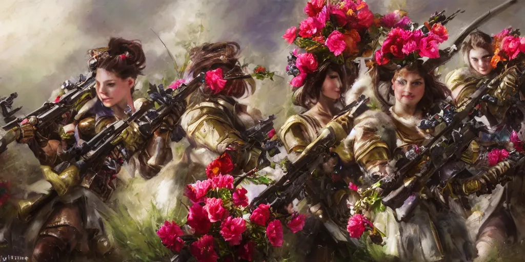 Image similar to warhammer battle sisters aiming their rifles at a bouquet of flowers. by Daniel F. Gerhartz, hyperrealistic oil painting, 4k, studio lightning, very detailed, rtx on