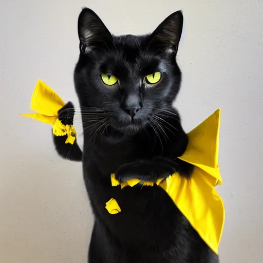 Prompt: a black cat with yellow eyes wearing a suit of armor