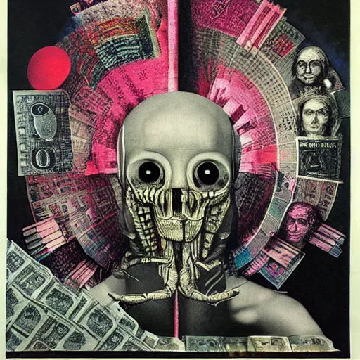 Image similar to post - punk new age album cover, asymmetrical design, dollar bank notes, capitalism, magic, apocalypse, psychedelic, black white pastel pink, slightly holographic, magic, giger h. r., giuseppe arcimboldo, peder balke