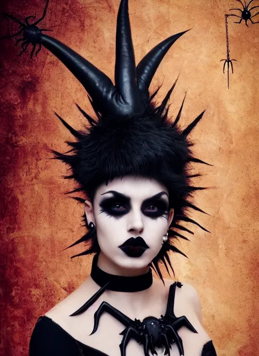 Prompt: a beautiful portrait of a beautiful goth beautiful girl with piercings in a collar with a mohawk hairstyle in a medieval dress, ankh, spider, bat, pentagram, witch, true goth, makeup. behance hd, oliver mark, global illumination, detailed and intricate environment