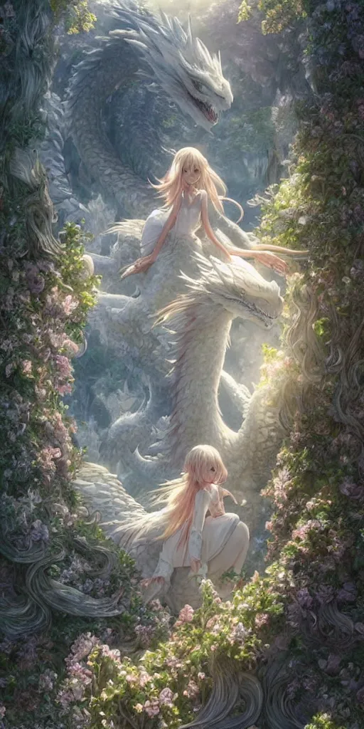 Image similar to the beautiful hyper detailed scene render that a lonely beautiful girl lies in the arms of a huge silver white dragon alone in fairyland surrounded by white clouds, finely detailed angelic face delicate features, style of studio ghibli, makoto shinkai, raphael lacoste, louis comfort tiffany, artgerm, james jean, ross tran, animation style, hd, ultra wide angle