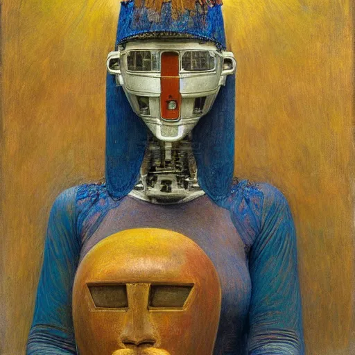 Image similar to the robot queen with her bird mask, by annie swynnerton and diego rivera and elihu vedder, symbolist, dramatic lighting, elaborate geometric ornament, head and shoulders, art brut, soft cool colors, smooth, sharp focus, extremely detailed, adolf wolfli and donato giancola