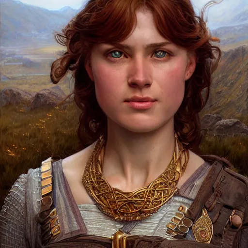 Image similar to an portrait of an happy female celt, detailed, centered, digital painting, artstation, concept art, donato giancola, Joseph Christian Leyendecker, WLOP, Boris Vallejo, Breathtaking, 8k resolution, extremely detailed, beautiful, establishing shot, artistic, hyperrealistic, beautiful face, octane render