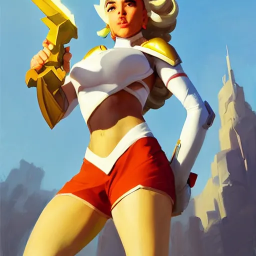 Prompt: Greg Manchess portrait painting of SheRa as Overwatch character, medium shot, asymmetrical, profile picture, Organic Painting, sunny day, Matte Painting, bold shapes, hard edges, street art, trending on artstation, by Huang Guangjian and Gil Elvgren and Sachin Teng