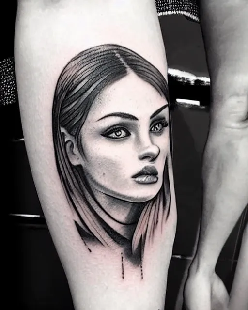 Image similar to tattoo design sketch of a blend between a beautiful woman face and beautiful mountains, hyper - realistic, in the style of den yakovlev, amazing detail, black and white