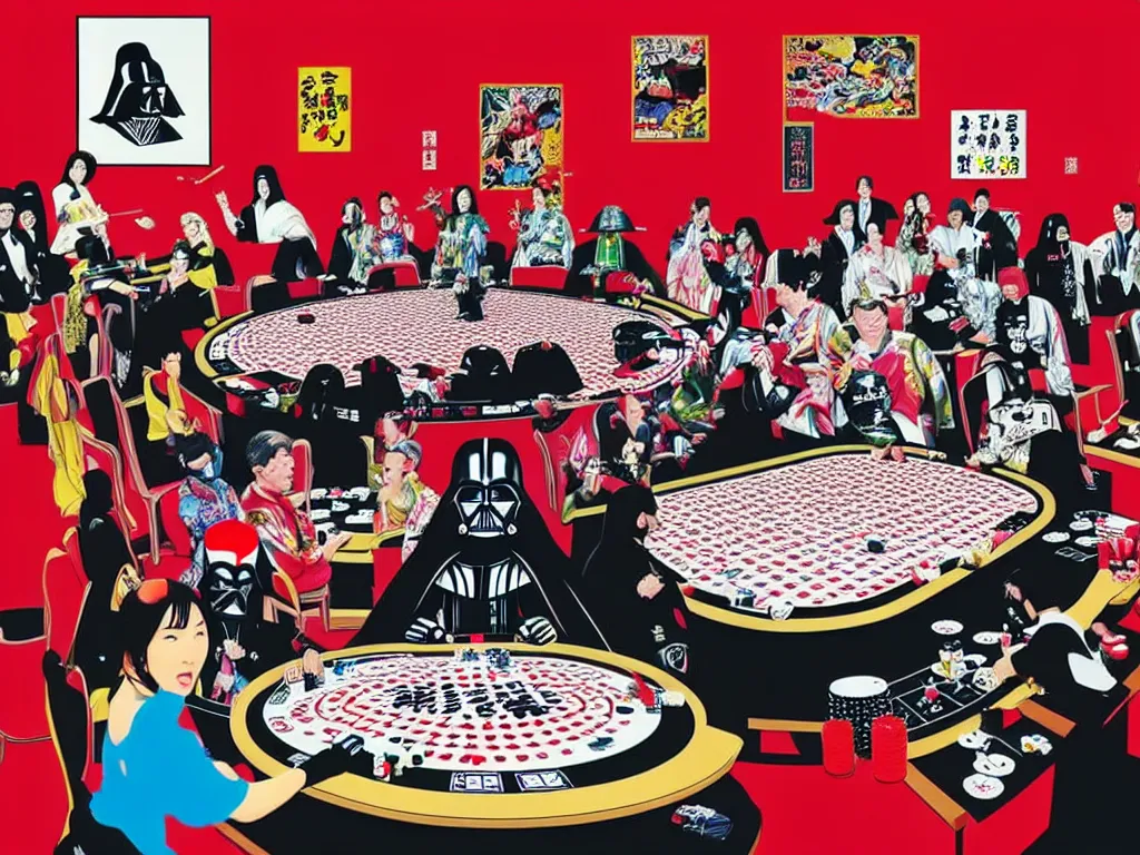 Image similar to hyper - realistic composition of a large room with an extremely detailed poker table in the center, woman in traditional japanese kimono standing nearby, darth vader sitting at the table, fireworks in the background, pop art style, jackie tsai style, andy warhol style, acrylic on canvas, dull palette