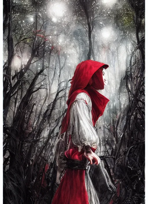 Image similar to portrait, beautiful Little red riding hood at a rave concert, watercolor, dramatic lighting, cinematic, establishing shot, extremly high detail, foto realistic, cinematic lighting, pen and ink, intricate line drawings, by Yoshitaka Amano, Ruan Jia, Kentaro Miura, Artgerm, post processed, concept art, artstation, matte painting, style by eddie mendoza, raphael lacoste, alex ross