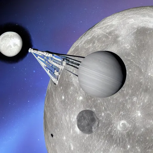 Image similar to a spiral shaped orbital space habitat floating near the moon