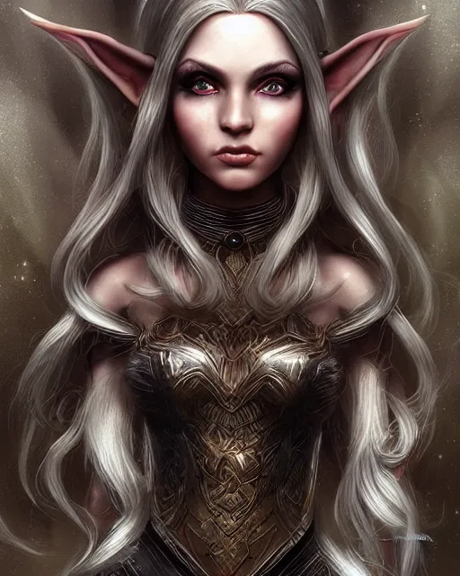 Image similar to beautiful female elf with shimmering hair, symmetrical face and eyes, by Jana Schirmer, cgsocietym Elden Ring