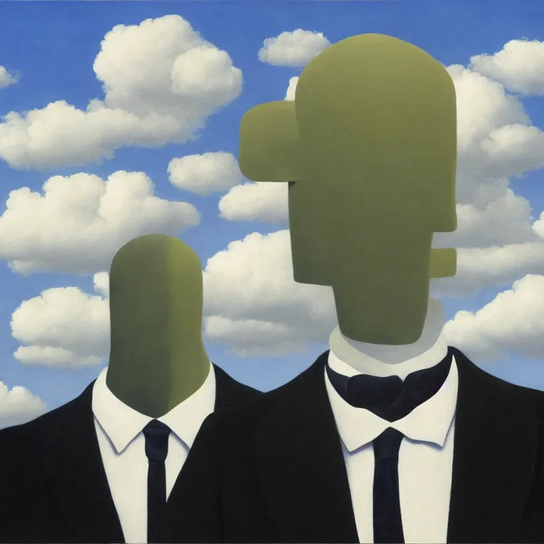 Image similar to portrait of headless man in a suit, clouds in the background, by rene magritte, detailed painting, distance, middle centered, hd, hq, high resolution, high detail, 4 k, 8 k