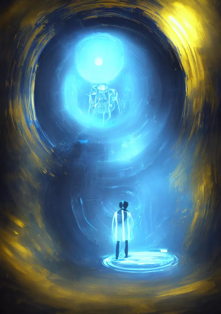 Image similar to The portal into his imagination. High concept art. Introspective. Blue black gold themed.