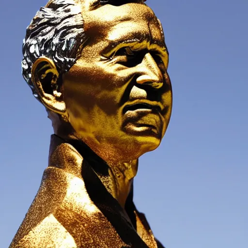 Prompt: george w. bush golden statue starting to melt, drips of molten metal ground angle, uhd 8 k, sharp focus